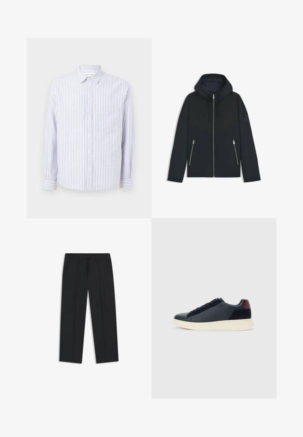 Black hooded jacket with a contrasting geometric design, featuring a zip closure and two side pockets with silver zippers. Smooth fabric texture.; Striped button-up shirt in light blue and white. Features a pointed collar, long sleeves, and a single chest pocket. Cotton fabric.; Black cargo pants made of nylon. Features an elastic waistband with a drawstring, side pockets, and flat front design.; Low-top men's sneaker in black leather and suede with maroon heel tab and white rubber sole, viewed from the outer side.