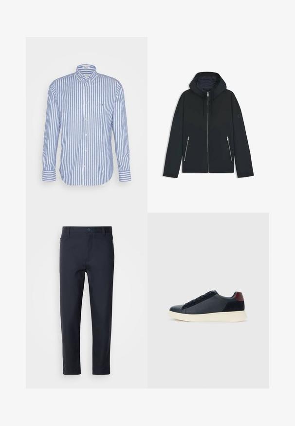 Chaqueta negra con capucha, con un diseño geométrico en contraste, que presenta un cierre de cremallera y dos bolsillos laterales con cremalleras plateadas. Textura de tela suave.; Camisa de manga larga a rayas azul y blanca con cuello abotonado, un bolsillo en el pecho y botones blancos. Tejido de algodón con un acabado texturizado.; Pantalones de traje azul marino, confeccionados en una tela suave, con un bolsillo con cremallera, perneras rectas y un cierre de botón en la cintura.; Zapatilla baja para hombre en cuero negro y ante con un parche en el talón color burdeos y suela de goma blanca, vista desde el lado externo.