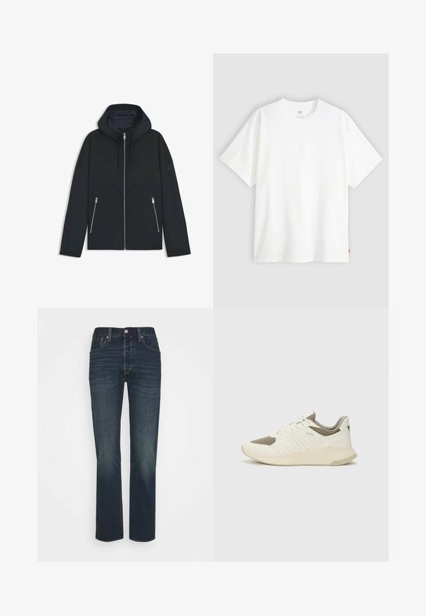 Giacca nera con cappuccio e un design geometrico a contrasto, dotata di chiusura con zip e due tasche laterali con zip argentate. Tessuto dalla texture liscia.; T-shirt bianco a maniche corte in cotone con collo rotondo. Presenta un discreto dettaglio logo in rilievo sulla parte frontale e un'etichetta rossa sull'orlo.; Jeans in denim blu scuro con design a gamba diritta, cinque tasche e leggere scoloriture. Completati con un bottone metallico e chiusura con zip.; Sneaker atletica bianca e beige chiaro, con tomaia in mesh, dettagli perforati e una suola intermedia texturizzata con marchio sul tallone.