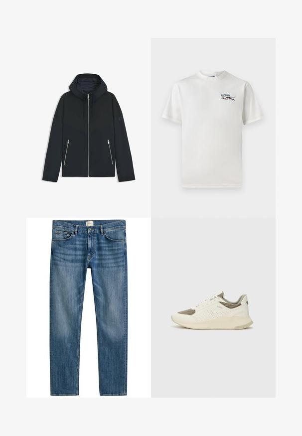 Musta huppari, jossa on kontrastinen geometrinen kuvio, varustettuna vetoketjusulkeisella ja kahdella sivutaskulla, joissa on hopeiset vetoketjut. Sujuva kangaspuoli.; Valkoinen puuvillainen T-paita, jossa on pyöreä pääntie, lyhyet hihat ja pieni brodeerattu logo, jossa on vuoria ja teksti vasemmalla rintapielessä.; Sinisten denim-farkkujen suora malli, jossa on viisi-taskua, nappikiinnitys ja lievää haalistumista kankaan pinnalla tekstuurin luomiseksi.; Valkoinen ja vaaleanbeige urheilukengät, joissa on verkkomateriaali yläosa, rei'itettyjä yksityiskohtia ja teksturoitu välipohja, jossa on brändäys kantapäässä.