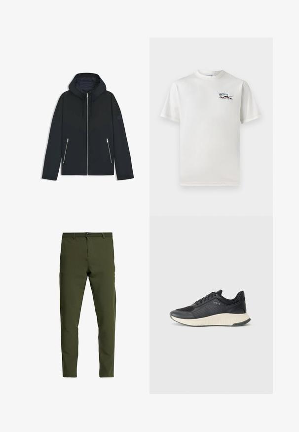 Schwarze Kapuzenjacke mit einem kontrastierenden geometrischen Design, ausgestattet mit einem Reißverschluss und zwei seitlichen Taschen mit silbernen Reißverschlüssen. Glatte Stoffoberfläche.; Weißes Baumwoll-T-Shirt mit rundem Halsausschnitt, kurzen Ärmeln und kleinem gesticktem Logo mit Bergen und Text auf der linken Brust.; Olivgrüne Hose mit slim fit, aus einem glatten, strapazierfähigen Stoff. Mit Reißverschluss, Knopfverschluss und Standardtaschen.; Schwarzer athletischer Sneaker mit einem Obermaterial aus Mesh mit Perforationen, einer strukturierten Zwischensohle in Creme und einer Gummisohle für besseren Halt.