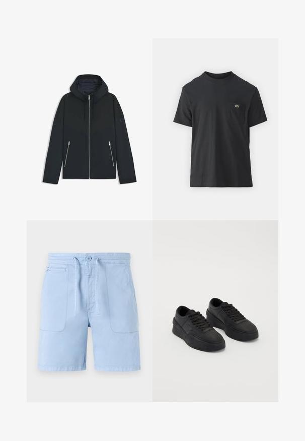 Schwarze Kapuzenjacke mit einem kontrastierenden geometrischen Design, ausgestattet mit einem Reißverschluss und zwei seitlichen Taschen mit silbernen Reißverschlüssen. Glatte Stoffoberfläche.; Schwarz Baumwoll-T-Shirt mit kurzen Ärmeln, rundem Ausschnitt und einem kleinen grünen Logo auf der linken Brusttasche. Einfaches Design, reguläre Passform.; Helle blaue Shorts aus Baumwolle, mit einem Zugband am Bund, zwei Vordertaschen und einer glatten Textur. Einfaches Design mit minimalen Akzenten.; Schwarze Sneakers aus glattem Leder mit einer gepolsterten Sohle. Merkmale sind flache Schnürsenkel, Perforationen an der Zehenpartie und eine schlanke Silhouette.