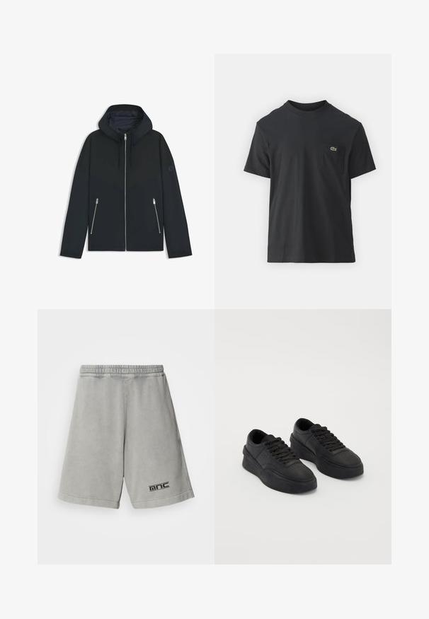Veste à capuche noire avec un design géométrique contrasté, dotée d'une fermeture éclair et de deux poches latérales avec des zips argentés. Texture de tissu lisse.; T-shirt en coton noir à manches courtes, col rond, avec un petit logo vert sur la poche gauche de la poitrine. Design simple, coupe regular.; Shorts en coton gris clair avec une taille élastique, présentant un logo noir en bas à gauche et une texture lisse et uniforme.; Baskets noires en cuir lisse avec une semelle rembourrée. Les caractéristiques comprennent des lacets plats, des perforations sur la pointe et une silhouette élégante.