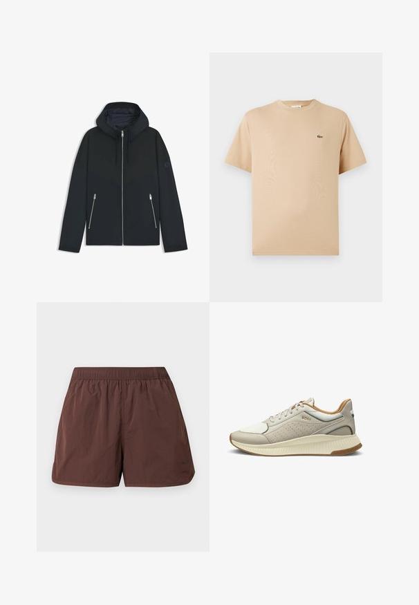 Giacca nera con cappuccio e un design geometrico a contrasto, dotata di chiusura con zip e due tasche laterali con zip argentate. Tessuto dalla texture liscia.; T-shirt in cotone beige con collo rotondo, maniche corte; presenta un piccolo logo di un coccodrillo verde ricamato sul lato sinistro.; Pantaloncini marroni leggeri con cintura elastica e tasche laterali. Caratterizzati da una texture liscia, leggermente stropicciata. Senza motivi o accenti visibili.; Sneaker beige chiaro con tomaia in pelle e rete, design perforato, dettagli marroni sul tallone e suola in gomma texturizzata. Logo sul lato.