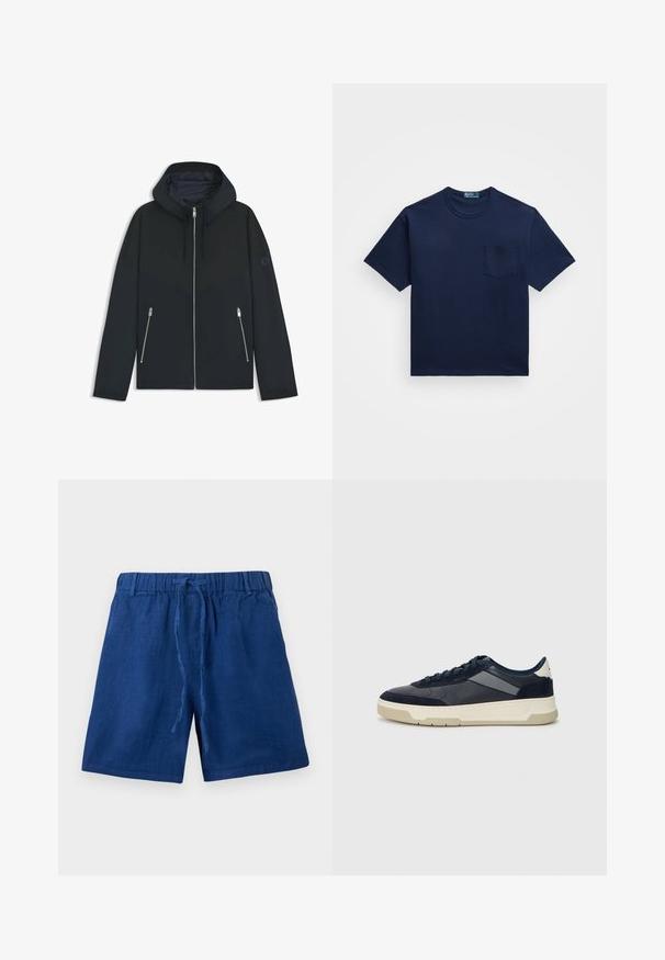 Czarna, kapturowa kurtka z kontrastowym geometrycznym wzorem, z zamkiem błyskawicznym i dwoma bocznymi kieszeniami ze srebrnymi suwakami. Gładka faktura materiału.; Granatowa bawełniana koszulka z okrągłym dekoltem, krótkimi rękawami i kieszonką na lewej piersi. Gładka tekstura z klasycznym krojem.; Niebieskie casualowe szorty z elastycznym paskiem w talii i sznurkiem do wiązania, wykonane z lekkiego materiału.; BOSS BALTIMORE niebieski