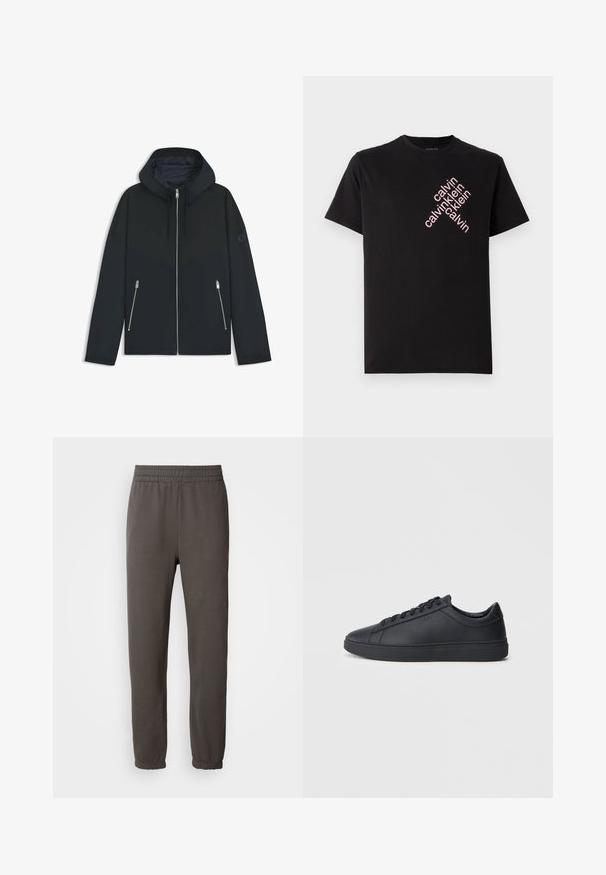 Sort hættejakke med et kontrastfyldt geometrisk design, der har lynlås lukning og to sidelommer med sølv lynlåse. Glat stoftekstur.; Sort bomulds T-shirt med et diagonalt pink "calvin klein" logo print foran. Korte ærmer og rund halsudskæring.; Mørkegrå sweatpants med elastisk talje, tapered ben og ribbede manchetter. Har et lille logo på låret. Lavet af blødt stof.; Sorte sneakers lavet af glat læder med lavtopdesign, rund tå og flad gummisål. Har snøringer og subtil branding.