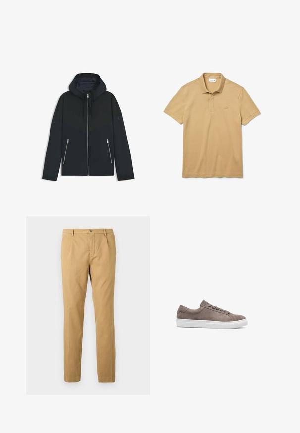 Chaqueta negra con capucha, con un diseño geométrico en contraste, que presenta un cierre de cremallera y dos bolsillos laterales con cremalleras plateadas. Textura de tela suave.; Camisa polo beige de Lacoste hecha de algodón. Presenta un collar de canalé, una tapeta de tres botones y un logo bordado en tonalidad en el pecho.; Pantalones de algodón beige con un diseño de pierna recta, que cuentan con cremallera y cierre de botón, y bolsillos en la parte delantera y trasera.; Les Deux THEODOR - Zapatillas - dove grey