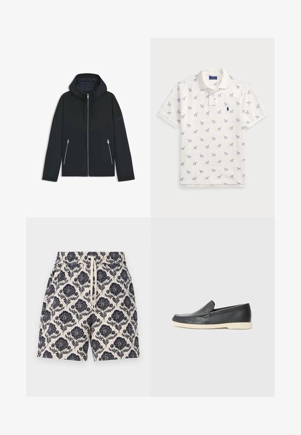 Musta huppari, jossa on kontrastinen geometrinen kuvio, varustettuna vetoketjusulkeisella ja kahdella sivutaskulla, joissa on hopeiset vetoketjut. Sujuva kangaspuoli.; Valkoinen polo-paita, joka on valmistettu puuvillasta ja jossa on toistuva sininen koirakuosi sekä pieni sininen logo rinnassa. Lyhyet hihat ja kaulus.; Vaalean kermaisia painettuja shortseja, joissa on tummansininen kukkakuosi. Shortseissa on joustava vyötärö ja nyöri, ja ne on valmistettu kevyestä kankaasta.; Mustat nahkakengät ilman nauhoja, joissa on teksturoitu pinta ja kontrastoiva beige kumipohja. Kengissä on hillitty yksityiskohta etuosassa.