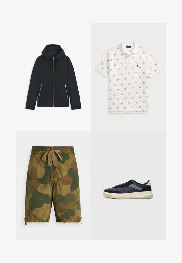 Chaqueta negra con capucha, con un diseño geométrico en contraste, que presenta un cierre de cremallera y dos bolsillos laterales con cremalleras plateadas. Textura de tela suave.; Camisa polo blanca de algodón, con un patrón repetido de perros azules y un pequeño logo azul en el pecho. Mangas cortas y color.; Pantalones cortos de camuflaje en tonos de verde y marrón, fabricados en tejido ligero, con cintura de cuerda y detalles de dobladillo fruncido.; BOSS BALTIMORE - Zapatillas - open blue