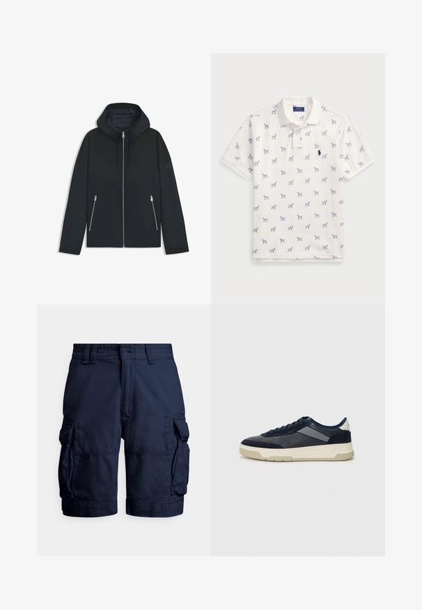 Giacca nera con cappuccio e un design geometrico a contrasto, dotata di chiusura con zip e due tasche laterali con zip argentate. Tessuto dalla texture liscia.; Polo bianco in cotone, con motivo a cani blu ripetuto e un piccolo logo blu sul petto. Maniche corte e colletto.; Pantaloncini cargo blu navy realizzati in tessuto resistente, con tasche laterali, chiusura con bottone e dettagli cuciti per una texture definita.; BOSS BALTIMORE - Sneakers basse - open blue