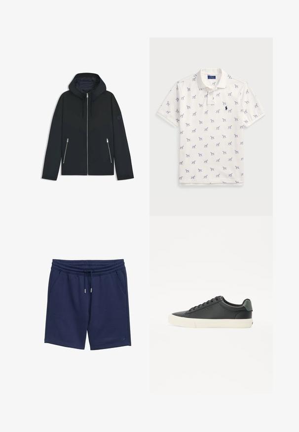 Giacca nera con cappuccio e un design geometrico a contrasto, dotata di chiusura con zip e due tasche laterali con zip argentate. Tessuto dalla texture liscia.; Polo bianco in cotone, con motivo a cani blu ripetuto e un piccolo logo blu sul petto. Maniche corte e colletto.; Pantaloni corti blu navy realizzati in tessuto morbido, con vita elastica e coulisse, tasche laterali e un semplice dettaglio con logo.; Sneaker in pelle nera con finitura testurizzata, suola in gomma bianca, punta rotonda e accento verde nel tallone. Design con sei occhielli per allacciatura.