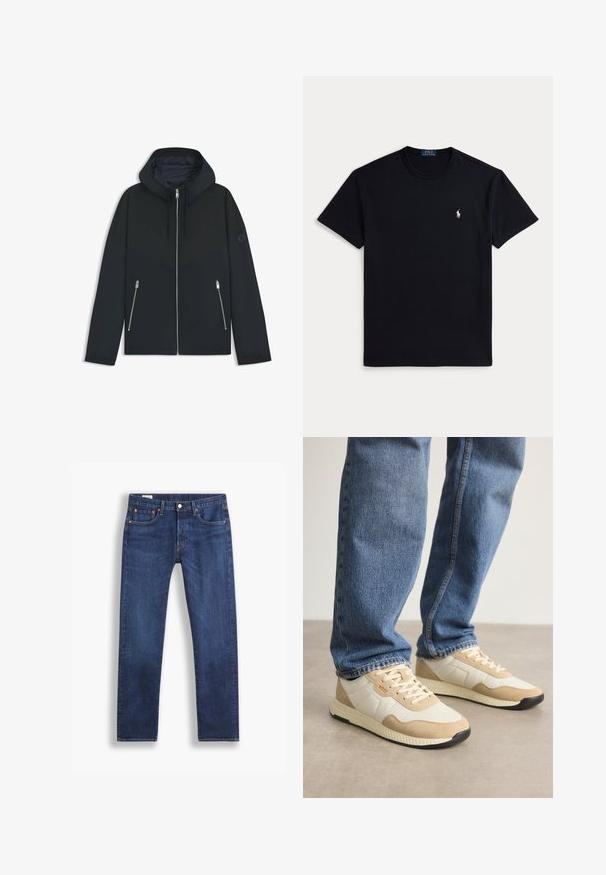 Svart huva jacka med en kontrasterande geometrisk design, med dragkedjestängning och två sidfickor med silverdragkedjor. Släta tygstruktur.; Svart bomulls-T-shirt med rund halsringning, korta ärmar och en liten broderad logga på vänster bröst. Mjuk textur.; Mörkblå rakbenande jeans med klassisk femfickdesign och knappstängning, visade mot en vit bakgrund.; Beige och krämfärgade sneakers i mocka och mesh, med en texturerad sula och tonala accenter, i kombination med blå denimjeans.