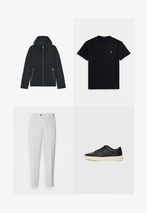 Musta huppari, jossa on kontrastinen geometrinen kuvio, varustettuna vetoketjusulkeisella ja kahdella sivutaskulla, joissa on hopeiset vetoketjut. Sujuva kangaspuoli.; Musta puuvillainen t-paita, jossa pyöreä pääntie, lyhyet hihat ja vasemmassa rinnassa pieni kirjailtu logo. Sileä pinta.; Vaaleanharmaat housut, jotka on valmistettu teksturoidusta kankaasta. Housuissa on nappikiinnitys, litteä etuosa ja kapenevat lahkeet, mikä luo sulavan istuvuuden.; Musta matalavartinen nahkastretchu, jossa on mustat nauhat ja vaaleanharmaa pohja, esitetty sivuprofiilissa valkoista taustaa vasten.