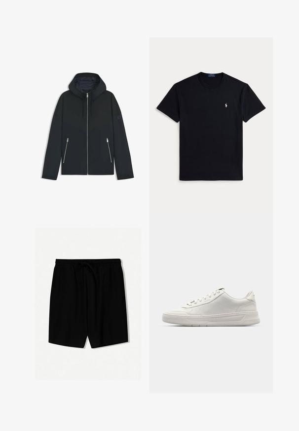 Veste à capuche noire avec un design géométrique contrasté, dotée d'une fermeture éclair et de deux poches latérales avec des zips argentés. Texture de tissu lisse.; T-shirt en coton noir avec un col rond, des manches courtes et un petit logo brodé sur la poitrine gauche. Texture lisse.; Shorts noirs en tissu léger avec une taille élastique équipée d'un cordon de serrage, des plis à l'avant et une longueur au-dessus du genou.; Baskets blanches avec une tige en cuir lisse, bout rond, fermeture à lacets et une épaisse semelle en caoutchouc. Logo discret sur le côté.