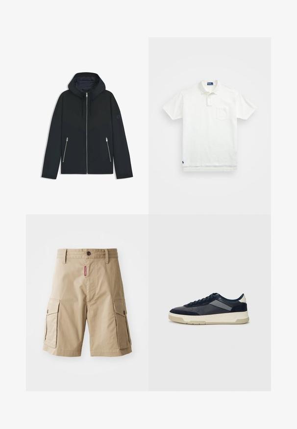 Giacca nera con cappuccio e un design geometrico a contrasto, dotata di chiusura con zip e due tasche laterali con zip argentate. Tessuto dalla texture liscia.; Polo bianco in cotone, con colletto classico, placca con tre bottoni e taschino sul lato sinistro del petto; piccolo logo sull'orlo.; Pantaloni cargo beige realizzati in misto cotone, con due tasche laterali, chiusura a bottone e un'etichetta rossa cucita sul davanti.; BOSS BALTIMORE - Sneakers basse - open blue