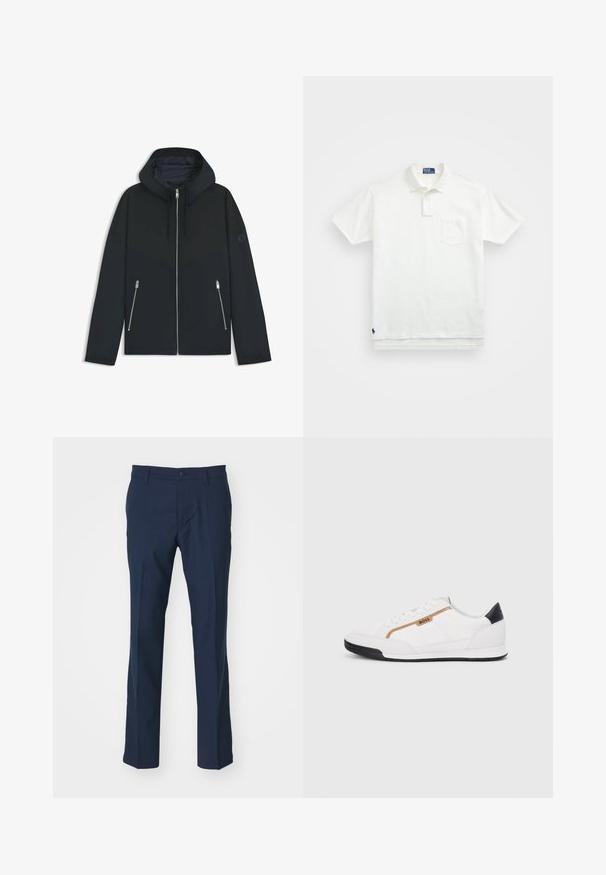 Giacca nera con cappuccio e un design geometrico a contrasto, dotata di chiusura con zip e due tasche laterali con zip argentate. Tessuto dalla texture liscia.; Polo bianco in cotone, con colletto classico, placca con tre bottoni e taschino sul lato sinistro del petto; piccolo logo sull'orlo.; Pantaloni blu navy realizzati in tessuto liscio, con un design a gamba dritta, chiusura anteriore con un singolo bottone e senza motivi o accenti visibili.; Scarpe sportive bianche con accenti in rete e pelle. Presentano un logo dorato "BOSS", pannelli laterali testurizzati e un copri tallone nero. Suola in gomma.