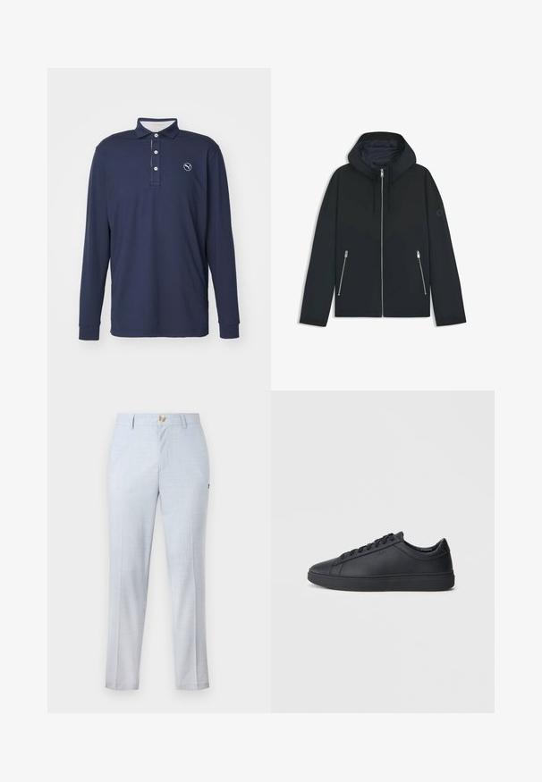 Schwarze Kapuzenjacke mit einem kontrastierenden geometrischen Design, ausgestattet mit einem Reißverschluss und zwei seitlichen Taschen mit silbernen Reißverschlüssen. Glatte Stoffoberfläche.; Marineblaue Langarm-Polohemd aus weichem Stoff, mit einem Kragen, einer Knopfleiste mit drei Knöpfen und einem Logo auf der linken Brust.; Helle blaue Anzughosen aus gewebtem Stoff mit klassischer Passform, geradem Bein, frontalen Taschen und Knopfverschluss. Dezente Musterdetails.; Schwarze Sneaker aus glattem Leder mit einem tiefen Design, runder Zehenform und flacher Gummi-Sohle. Mit Schnürsenkeln und dezentem Branding.