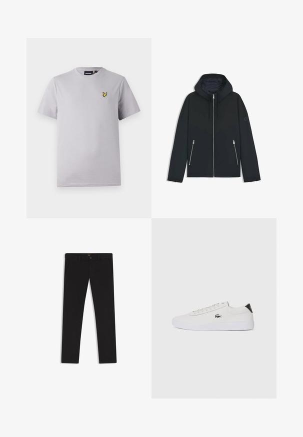 Zwarte hooded jacket met een contrasterend geometrisch ontwerp, voorzien van een ritssluiting en twee zijzakken met zilveren ritsen. Soepele stoftextuur.; Lichtgrijs katoenen T-shirt met korte mouwen, voorzien van een klein geel geborduurd vogellogo op de linkerkant van de borst.; Zwarte broek van stof met een gladde textuur. Bevat een knoopsluiting, riemlussen en zijzakken. Standaard straight-leg ontwerp.; Witte leren sneaker met ronde neus, vetersluiting aan de voorkant en zwarte hakaccent. Beschikt over een klein geborduurd krokodillenlogo aan de zijkant.