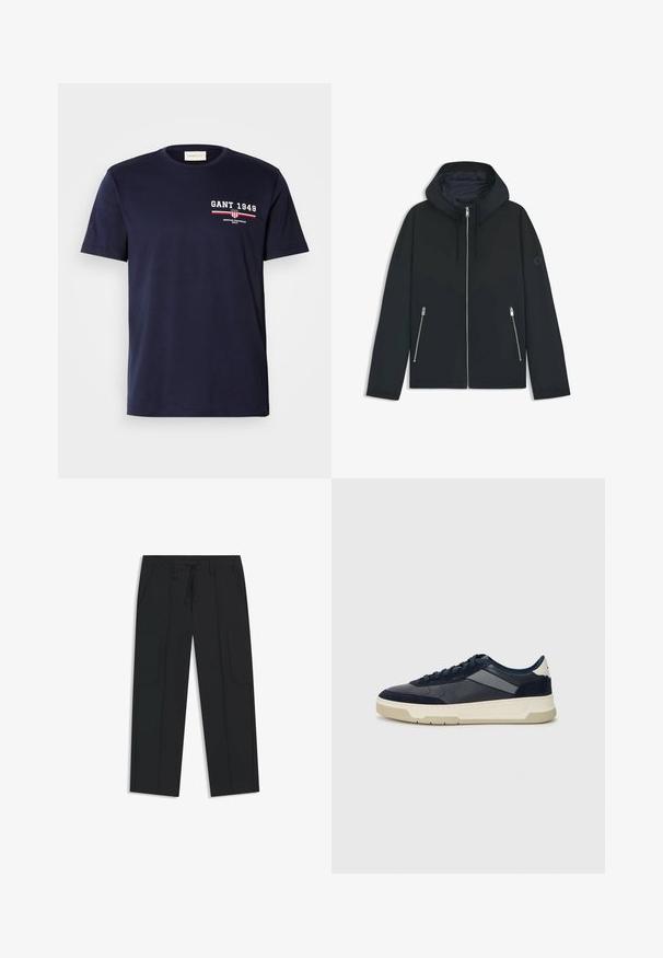 Musta huppari, jossa on kontrastinen geometrinen kuvio, varustettuna vetoketjusulkeisella ja kahdella sivutaskulla, joissa on hopeiset vetoketjut. Sujuva kangaspuoli.; Laivastonsininen puuvillapaita, jossa on valkoinen "GANT 1949" -logo ja punaisia yksityiskohtia, pyöreä pääntie, lyhyet hihat, sileä pinta, perusmalli.; Mustat cargo-housut, jotka on valmistettu nailonista. Ominaisuudet sisältävät joustavan vyötärönauhan, jossa on nyöri, sivutaskut ja tasainen etupuoli.; BOSS BALTIMORE - Matalavartiset tennarit - open blue