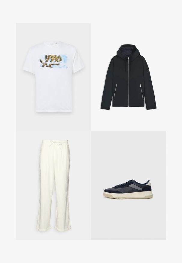 Black hooded jacket with a contrasting geometric design, featuring a zip closure and two side pockets with silver zippers. Smooth fabric texture.; White cotton t-shirt featuring a colorful graphic of a Joshua tree and blue sky. Short sleeves, crew neckline, and relaxed fit.; Linen trousers in off-white with a drawstring waistband, slightly wide legs, and rolled cuffs for a relaxed fit. No pockets.; BOSS BALTIMORE - Trainers - open blue