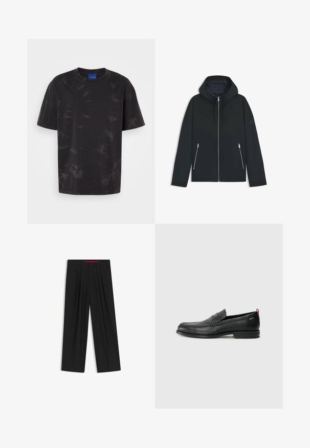Sort hættejakke med et kontrastfyldt geometrisk design, der har lynlås lukning og to sidelommer med sølv lynlåse. Glat stoftekstur.; Sort bomulds t-shirt med rund hals, korte ærmer og subtilt tonalt abstrakt mønster. Har knapdetalje på skulderen.; Sorte brede bukser med flad front, to sidelommer, plisseret design og en kontrastfarvet rød inderside på linningen.; Sorte læder loafers med en tekstureret frontpanel og glatte sider. Har en slank hæl og en bageste løkke til nem påtagning. Klassisk design.