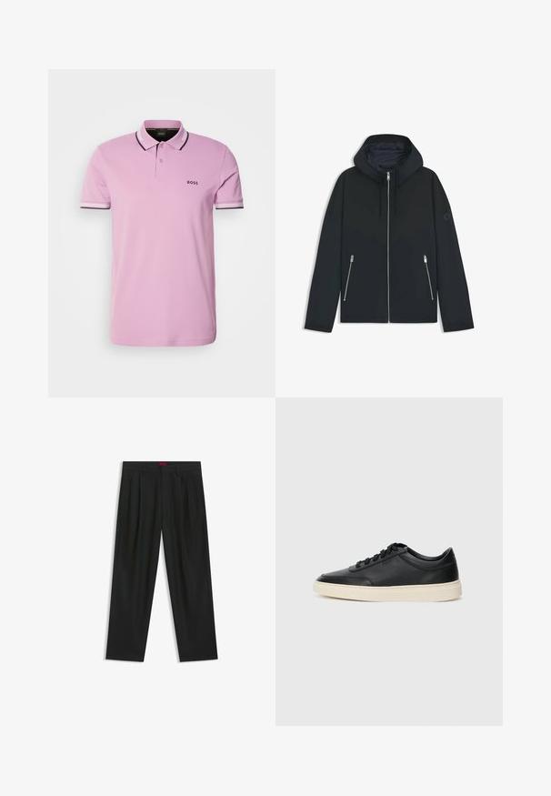 Musta huppari, jossa on kontrastinen geometrinen kuvio, varustettuna vetoketjusulkeisella ja kahdella sivutaskulla, joissa on hopeiset vetoketjut. Sujuva kangaspuoli.; BOSS PAUL - Pikeepaita - light/pastel purple; Mustat housut, joissa on poimutettu muotoilu, leveä lahjetyyppi ja sileä pinta. Varustettu punaisella vyötärötagilla.; Musta matalavartinen nahkastretchu, jossa on mustat nauhat ja vaaleanharmaa pohja, esitetty sivuprofiilissa valkoista taustaa vasten.