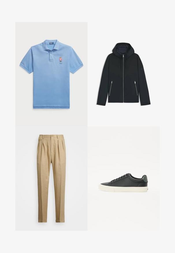 Veste à capuche noire avec un design géométrique contrasté, dotée d'une fermeture éclair et de deux poches latérales avec des zips argentés. Texture de tissu lisse.; Polo bleu clair en coton, avec une patte de boutonnage à trois boutons et un logo de ours brodé sur la poitrine gauche. Manches courtes.; Pantalons en lin beige avec une coupe droite, arbore deux pinces à l'avant, une fermeture à bouton et des poches latérales. Tissu texturé avec une finition lisse.; Sneaker en cuir noir avec une finition texturée, semelle en caoutchouc blanche, bout rond et accent vert au talon. Design à lacets avec six œillets.