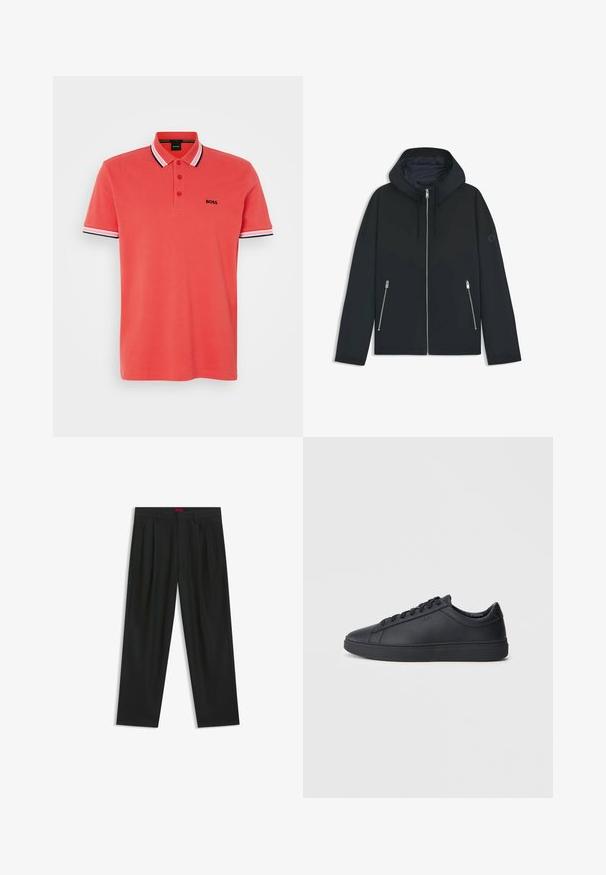 Svart huva jacka med en kontrasterande geometrisk design, med dragkedjestängning och två sidfickor med silverdragkedjor. Släta tygstruktur.; Piké i korall med tvåknapig ståndkrage, korta ärmar med svart-vit randig kant, och en liten svart "BOSS"-logga på bröstet.; Svarta byxor med vikta detaljer, bred benform och en slät textur. Har en röd midjebandsetikett.; Svarta sneakers i slätt läder med låg design, rund tå och platt gummisula. Har snörning och subtil branding.