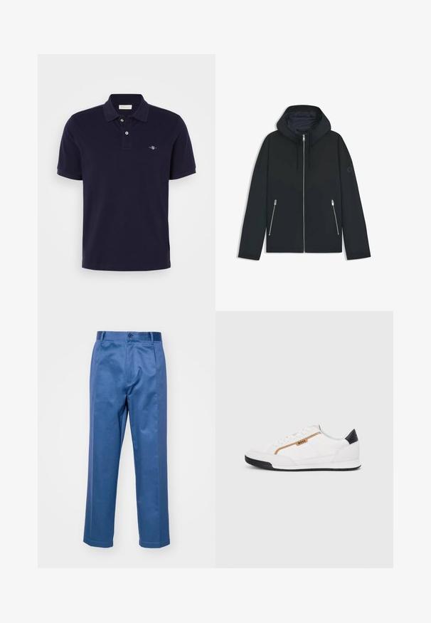 Chaqueta negra con capucha, con un diseño geométrico en contraste, que presenta un cierre de cremallera y dos bolsillos laterales con cremalleras plateadas. Textura de tela suave.; Polo de color azul marino hecho de algodón, con un collar clásico, tapeta de dos botones, mangas cortas y un pequeño logo bordado en el pecho.; Pantalones azules hechos de una tela suave, con un diseño de pierna recta, cierre de botón y detalles de costura sutiles.; Zapatillas deportivas blancas con acentos de malla y cuero. Presentan un logotipo dorado de "BOSS", paneles laterales texturizados y una tapa de talón negra. Suela de goma.