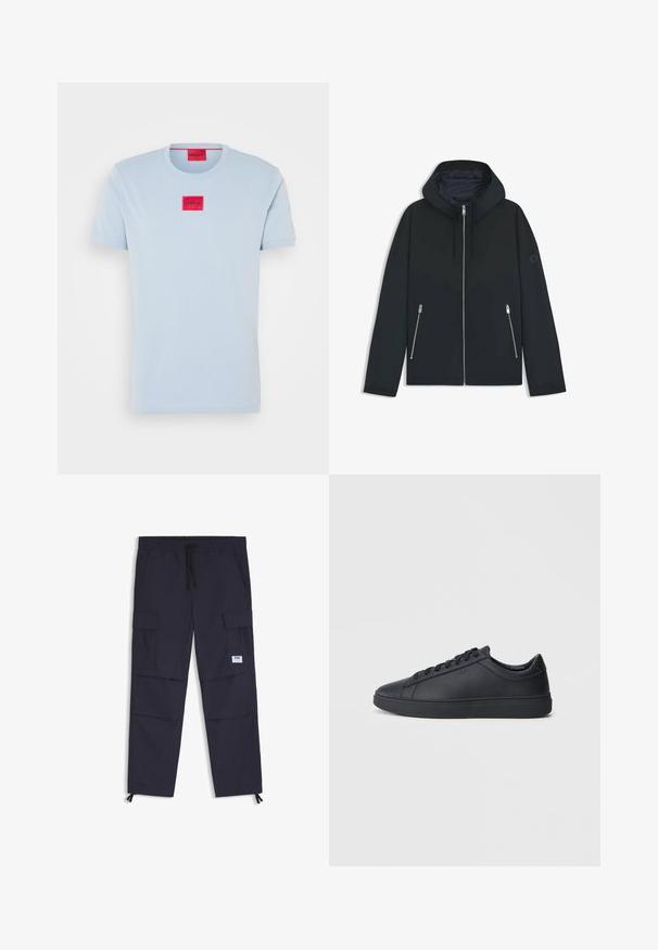 Musta huppari, jossa on kontrastinen geometrinen kuvio, varustettuna vetoketjusulkeisella ja kahdella sivutaskulla, joissa on hopeiset vetoketjut. Sujuva kangaspuoli.; Vaaleansininen puuvillapaita, jossa on pyöreä kaula-aukko. Siinä on punainen suorakulmainen nappi, jossa lukee "HUGO" valkoisella. Lyhyet hihat ja sileä pinta.; Navy cargo-housut, jotka on valmistettu kevyestä kankaasta. Niissä on joustava vyötärö, kiristysnyöri, useita taskuja ja nilkkavetoketjut.; Mustat lenkkarit, jotka on valmistettu sileästä nahasta, matalalla varrella, pyöreällä varvalla ja tasaisella kumipohjalla. Varusteena nauhat ja huomaamaton brändäys.