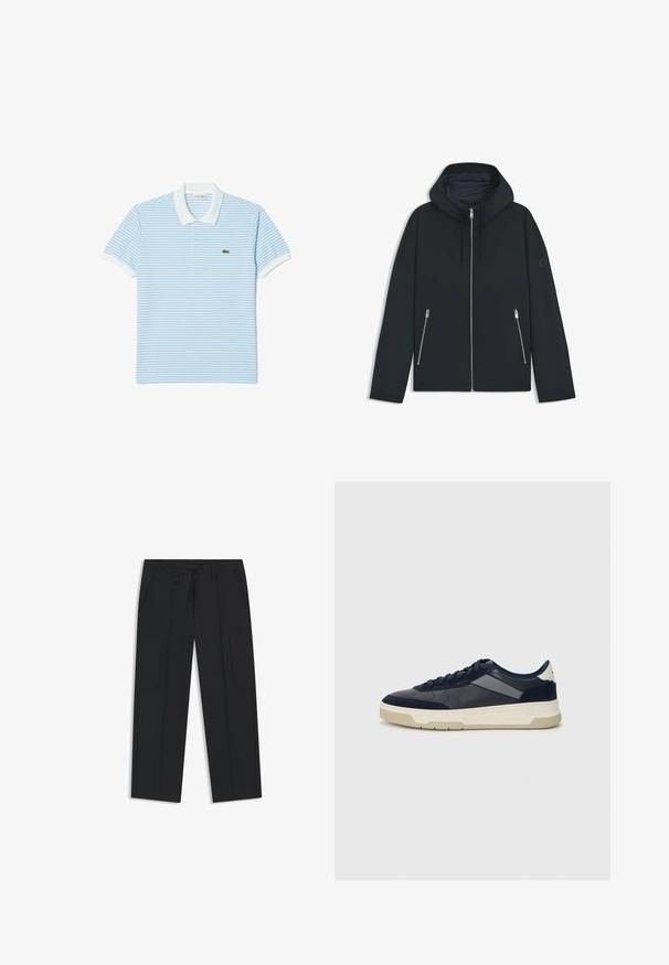 Svart huva jacka med en kontrasterande geometrisk design, med dragkedjestängning och två sidfickor med silverdragkedjor. Släta tygstruktur.; Blå och vitrandig polo skjorta i bomull med klassisk krage, kort ärm, och en grön logotyp på vänster bröst.; Svarta cargo-byxor i nylon. Har resårmidja med dragsko, sidofickor och platt frontdesign.; BOSS BALTIMORE - Sneakers - open blue