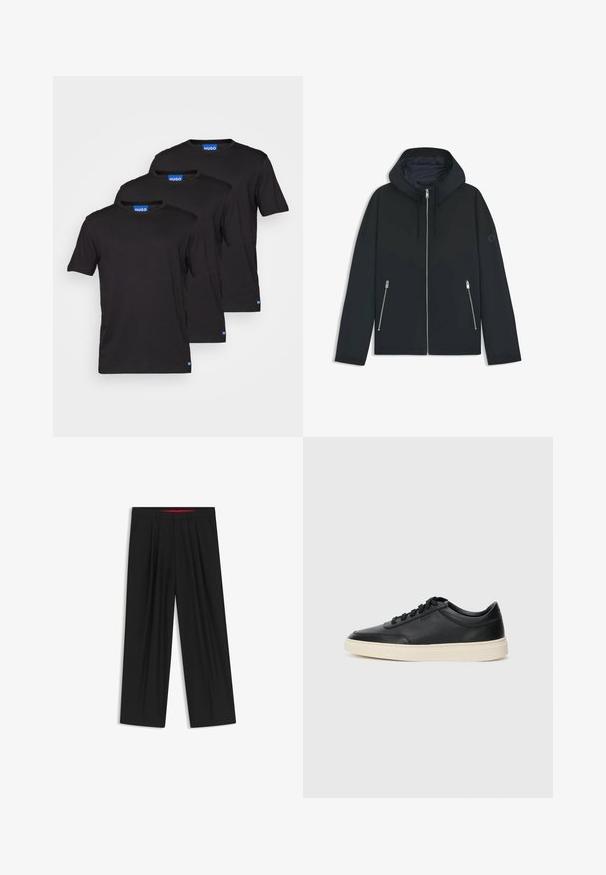 Giacca nera con cappuccio e un design geometrico a contrasto, dotata di chiusura con zip e due tasche laterali con zip argentate. Tessuto dalla texture liscia.; T-shirt di cotone nere, maniche corte, collo rotondo, con etichetta blu "HUGO" sul collo e sull'orlo inferiore. Tre t-shirt sovrapposte.; Pantaloni neri a gamba larga con fronte piatto, due tasche laterali, design plissettato e un elastico in vita di colore rosso a contrasto.; Sneaker in pelle nera a basso profilo con lacci neri e suola avorio, mostrato di profilo su sfondo bianco.