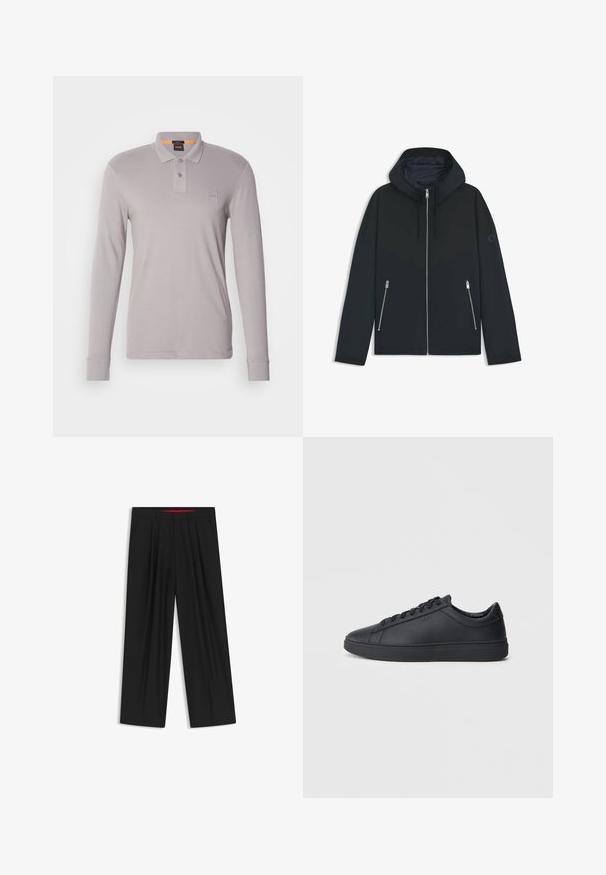 Black hooded jacket with a contrasting geometric design, featuring a zip closure and two side pockets with silver zippers. Smooth fabric texture.; Long-sleeve, light gray polo shirt made of soft fabric with a three-button placket and a square logo patch on the left chest.; Black wide-leg trousers with a flat front, two side pockets, pleated design, and a contrasting red interior waistband.; Black sneakers made of smooth leather with a low-top design, round toe, and flat rubber sole. Features laces and subtle branding.