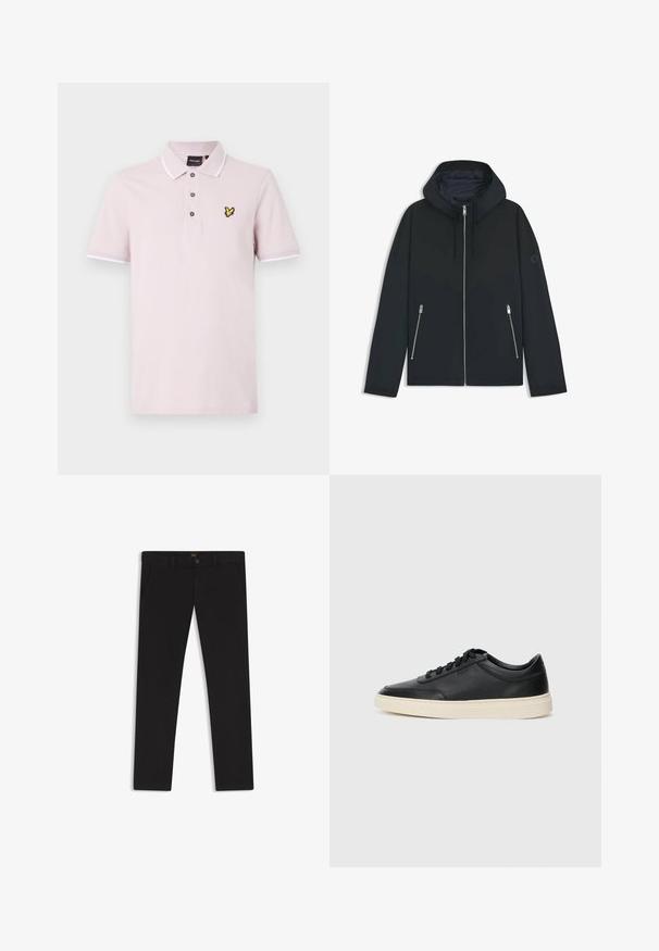 Schwarze Kapuzenjacke mit einem kontrastierenden geometrischen Design, ausgestattet mit einem Reißverschluss und zwei seitlichen Taschen mit silbernen Reißverschlüssen. Glatte Stoffoberfläche.; Poloshirt aus leichtem Baumwollstoff in Hellrosa mit einer Knopfleiste mit drei Knöpfen, weißen Akzenten am Kragen und an den Ärmeln sowie einem gelben Schmetterlingslogo auf der Brust.; Schwarze Hosen aus einem Stoff mit glatter текстуре. Verfügt über einen Knopfverschluss, Gürtelschlaufen und Seitentaschen. Klassisches Design mit geradem Bein.; Schwarzer niedriger Ledersneaker mit schwarzen Schnürsenkeln und cremefarbenem Sohlenrand, seitlich auf weißem Hintergrund dargestellt.