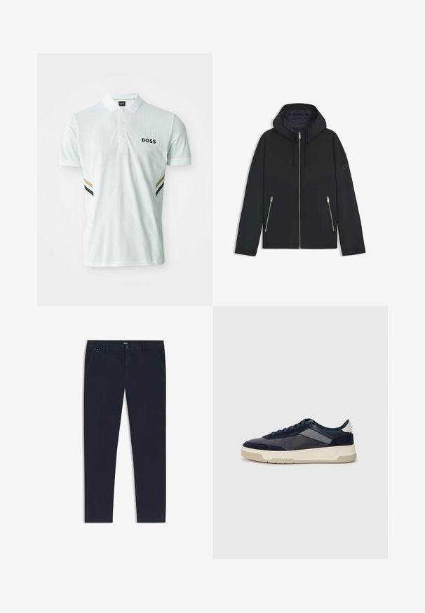 Black hooded jacket with a contrasting geometric design, featuring a zip closure and two side pockets with silver zippers. Smooth fabric texture.; White polo shirt featuring a textured pattern, three buttons, and "BOSS" logo. Side accents in green, gold, and black stripes.; Navy blue trousers made of lightweight fabric, featuring a straight leg design, side pockets, and a front button closure with branding detail.; BOSS BALTIMORE - Trainers - open blue