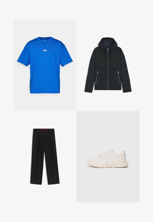 Zwarte hooded jacket met een contrasterend geometrisch ontwerp, voorzien van een ritssluiting en twee zijzakken met zilveren ritsen. Soepele stoftextuur.; Blauwe katoenen t-shirt met een ronde hals en korte mouwen. Het heeft een klein wit logo label in het midden aan de voorkant. Soepele textuur.; Zwarte wijde broek met een vlakke voorkant, twee zijzakken, geplooid ontwerp en een contrasterende rode binnenband.; Witte sneaker van gestructureerd materiaal, met een gladde zool, vetersluiting aan de voorkant en subtiele branding op de hiel. Minimalistisch ontwerp.