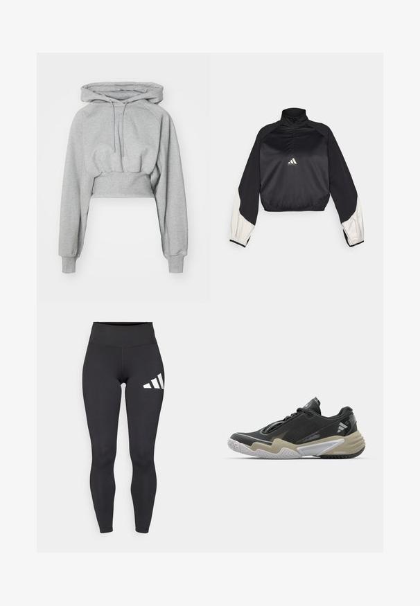 Pullover desportivo preto com gola alta e fecho de meio zip. Apresenta mangas com detalhes brancos e bainha elástica. Logotipo localizado no centro do peito. Textura suave.; Hoodie cropped em cinza claro, feito de material suave. Apresenta um capuz, cordão ajustável e punhos canelados. Textura suave sem padrões.; Leggings pretos feitos de material elástico com uma cintura alta e três riscas brancas diagonais na coxa esquerda. Textura suave.; Sapatilha desportiva preta e bege com parte superior texturizada, design de sola proeminente, acabamentos refletivos e sistema de atacadores. Construção leve.
