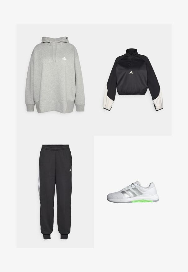 Pullover desportivo preto com gola alta e fecho de meio zip. Apresenta mangas com detalhes brancos e bainha elástica. Logotipo localizado no centro do peito. Textura suave.; adidas Performance STUDIO - Camisola - medium grey heather/white; Calças atléticas pretas com uma cintura elástica, tornozelos ajustados e riscas brancas laterais. Feitas de um tecido suave com uma textura lisa.; Sapatilha atlética branca com parte superior em malha, riscas prateadas refletoras e sola em borracha verde. Possui fecho com atacadores e colarinho almofadado para conforto.