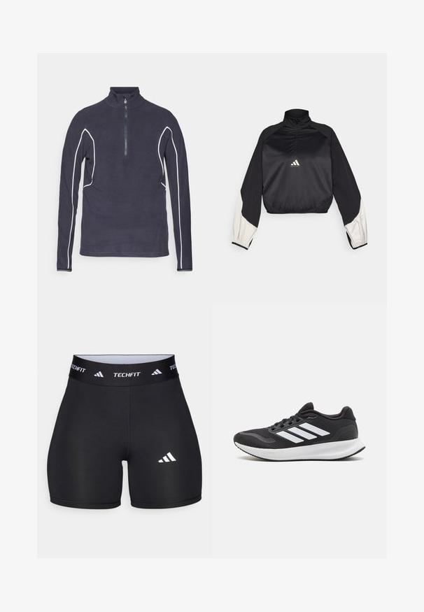 Crni sportski pulover s visokim ovratnikom i polu zatvaračem. Ima bijele akcentirane rukave i elastičnu donju rub. Logo se nalazi u središnjem delu grudi. Glatka tekstura.; Tamno plavi zip-up flis pulover s visokim ovratnikom, sa bijelim kontrastnim prošivenim detaljima i metalnim patentnim zatvaračem. Glatka tekstura.; Crne kratke hlače izrađene od rastezljive tkanine s prilagođenim dizajnom. Imaju široki crni pojas sa oznakom "TECHFIT" i bijeli logo na nozi.; Crna atletska cipela s mrežastim gornjištem, okruglim nosom i tri bijele trake sa strane. Lagana potplat s teksturiranim gumenim potplatom za prianjanje.