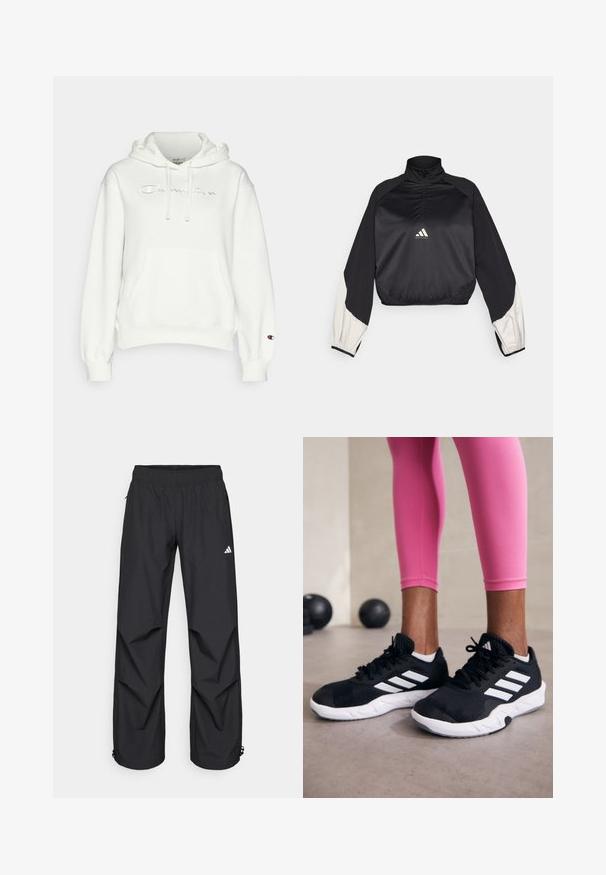 Pullover desportivo preto com gola alta e fecho de meio zip. Apresenta mangas com detalhes brancos e bainha elástica. Logotipo localizado no centro do peito. Textura suave.; Champion ICONS HOODIE TONAL LOGO LARGE - Camisola - white/multicolor; Calças pretas, leves e à prova d'água, com cintura elástica, bolsos laterais e punhos ajustáveis. Apresenta um logótipo branco na coxa esquerda.; Sapatos de treino pretos com riscas brancas, parte superior em malha texturizada e sola branca. Usados com leggings cor-de-rosa, destacando roupa de treino.