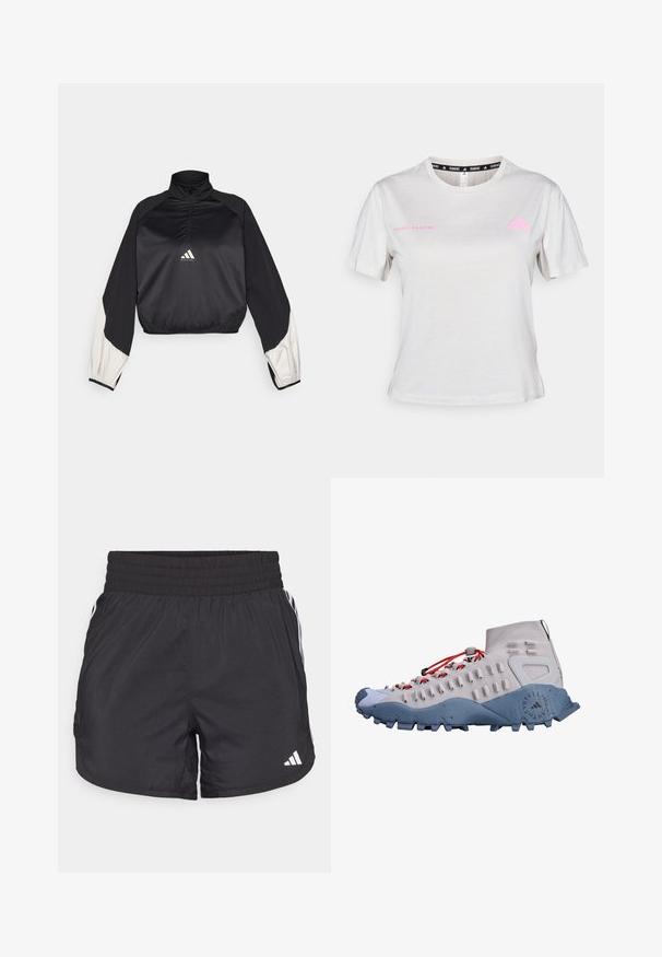 Must mustamet spordipullover kõrge kaeluse ja pool-äkkuga. Omab valge aktsendiga varrukaid ja elastset hemmi. Logo asub rinna keskel. Sile tekstuur.; Heledane hallhülsiga T-särk heledashallil taustal, millel on ümmargune kaelus, roosa trükk "ADIDAS RUNNING" ja roosa Adidas logo rinnal. Pehme kangastekstuuri.; Mustad mustriga mustad sportlikud lühikesed püksid elastse värviga, küljetaskud ja valged triibud külgedel. Valmistatud kerge materjali sisu.; Heledad hallhalliketsed heledates hallides toonides, punaste paeltega, tekstureeritud külgpaneeliga, sinise kummitald ja haardevate konksudega haardeks.