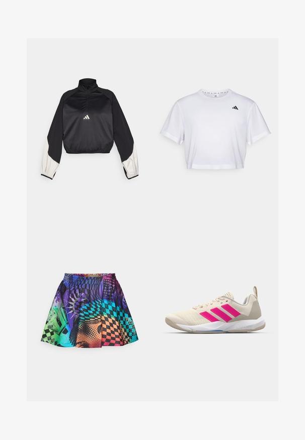 Svart sportströja med hög krage och halv dragkedja. Har vita accentärmar och resår i nederkanten. Logotypen är placerad i mitten av bröstet. Slät textur.; Vit kortärmad t-shirt i mjukt material, med rund halsringning. Svart logotyp på vänster bröst.; Färgglad kjol med en blandning av mönster i lila, blått, grönt och orange. Elastisk midja och veckad design förbättrar rörelsen.; Beige idrottssko med rosa tre-stripes logotyp, texturerad meshöverdel, vadderad krage och vit gummisula, med "LIGHTSTRIKE"-branding.