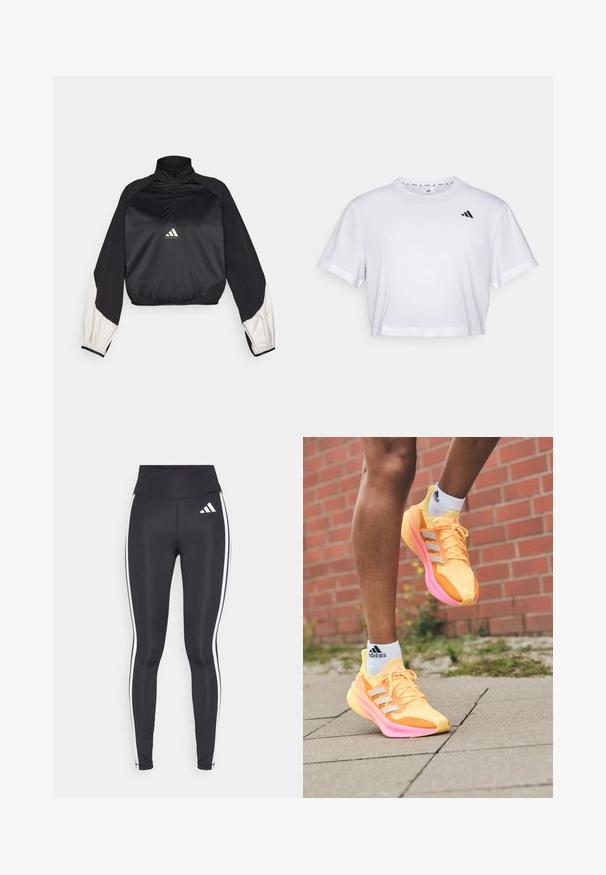 Pullover desportivo preto com gola alta e fecho de meio zip. Apresenta mangas com detalhes brancos e bainha elástica. Logotipo localizado no centro do peito. Textura suave.; T-shirt branca corta feita de tecido suave, com mangas curtas e decote redondo. Logotipo preto no lado esquerdo do peito.; Leggings pretos com cintura alta, apresentando listras laterais brancas e um pequeno logotipo branco na parte superior da coxa esquerda. Feitas de material liso e elástico.; Sapatilhas de corrida amarelas brilhantes com detalhes em rosa e riscas brancas, apresentando um topo em malha, design leve e sola texturizada.