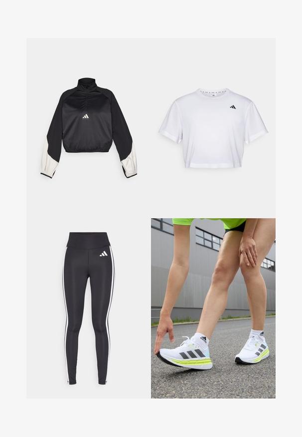 Černý sportovní pulover s vysokým límcem a půlzipem. Má bílé akcentované rukávy a elastické zakončení. Logo umístěné na středu hrudi. Hladká textura.; Bílý zkrácený tričko vyrobené z měkké látky, s krátkými rukávy a kulatým výstřihem. Černé logo na levé hrudi.; Černé legíny s vysokým pasem, které mají bílé boční pruhy a malé bílé logo na horní levé stehně. Vyrobeny z hladkého, elastického materiálu.; adidas Performance ADISTAR 3 - Silniční běžecké boty - footwear white/core black/pulse lime