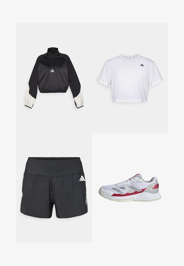 Czarny sportowy pulower z wysokim kołnierzem i półzapięciem. Posiada białe akcenty na rękawach i elastyczny dół. Logo umieszczone na środku klatki piersiowej. Gładka faktura.; Biała krótka koszulka z miękkiego materiału, z krótkimi rękawami i okrągłym dekoltem. Czarny logo na lewej piersi.; Czarne spodenki sportowe z szerokim elastycznym pasem, lekkim materiałem i białymi akcentami logo na dolnej stronie.; Białe buty sportowe z siateczkową cholewką, srebrnymi paskami, różowymi akcentami i teksturowaną podeszwą. Posiadają wyściełany kołnierz i perforowane detale.