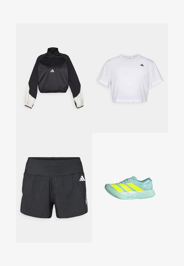 Zwart sportpullover met hoge kraag en halve rits. Voorzien van witte accenten op de mouwen en een elastische zoom. Logo geplaatst op het midden van de borst. Soepele textuur.; Witte cropped t-shirt gemaakt van zachte stof, met korte mouwen en een ronde hals. Zwart logo op de linkerborst.; Zwarte sportshorts met een brede elastische tailleband, lichtgewicht stof en witte logo-accenten aan de onderkant zijkant.; Lichte hardloopschoen in mintgroen met drie gedurfde gele strepen. Kenmerkt zich door een zachte textuur, reflecterende accenten en een gevoerde zool.