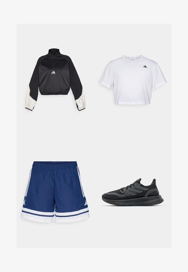 Crni sportski pulover s visokim ovratnikom i polu zatvaračem. Ima bijele akcentirane rukave i elastičnu donju rub. Logo se nalazi u središnjem delu grudi. Glatka tekstura.; Bijela skraćena majica od mekog materijala, s kratkim rukavima i okruglim izrezom. Crni logo na lijevoj strani prsnog koša.; Mornarski atletski šortsevi s elastičnim pojasom, bijelim detaljima i tri pruge s obje strane; napravljeni od laganog, prozračnog materijala.; Crne atletske cipele s mrežastim gornjim dijelom, teksturiranim panelima, detaljem od tri pruge i zakrivljenim potplatom označenim "LIGHT BOOST."