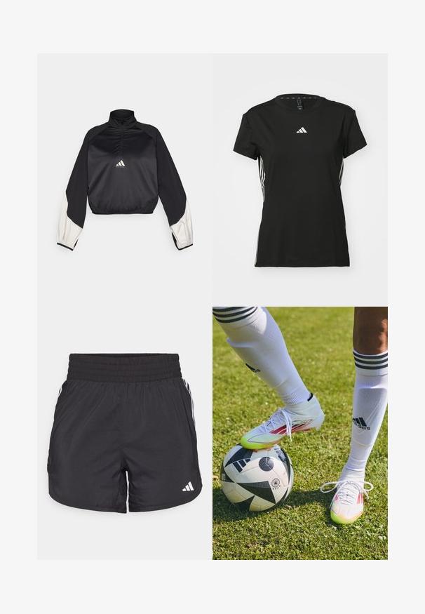 Black sports pullover with high neck and half zip. Features white accent sleeves and elasticized hem. Logo located at chest center. Smooth texture.; Black athletic t-shirt with short sleeves, made of synthetic material. Features a small white logo on the chest and white stripes on the sides.; Black athletic shorts with an elastic waistband, side pockets, and white stripe accents on the sides. Made of lightweight material.; White soccer cleats with red accents, resting on a black-and-white soccer ball, on a grassy field with white socks and stripes visible.