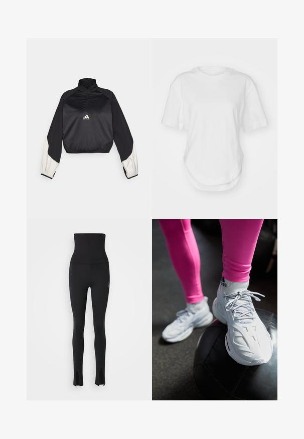 Black sports pullover with high neck and half zip. Features white accent sleeves and elasticized hem. Logo located at chest center. Smooth texture.; White cotton t-shirt featuring a round neckline, short sleeves, and a curved hem. Smooth texture with no patterns or accents.; adidas by Stella McCartney Leggings - black; White athletic shoes with mesh and synthetic overlays, featuring laces, curved design, resting on a black medicine ball, against a dark background.