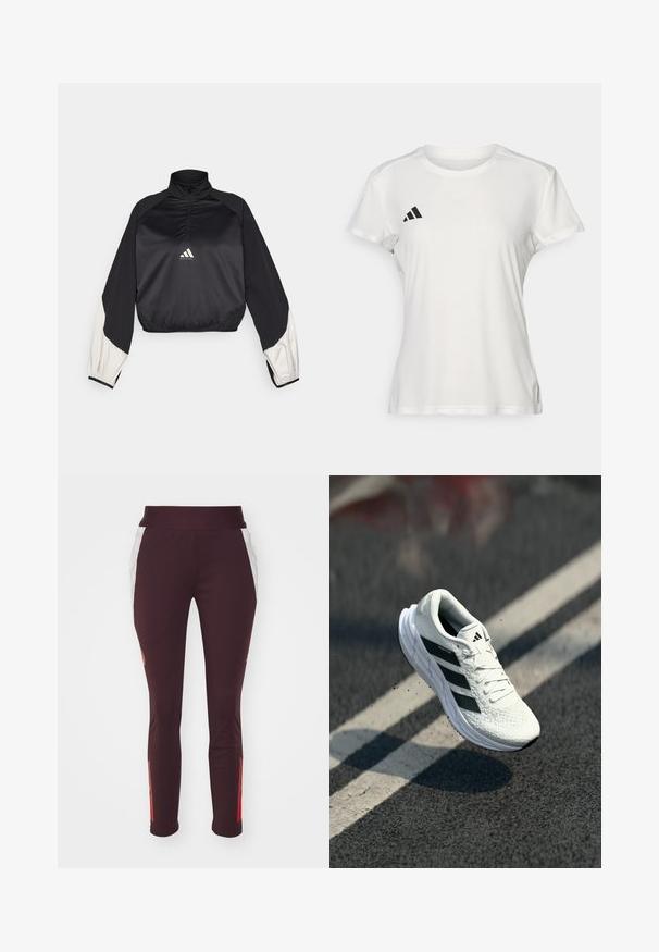 Pulover sport negru cu guler înalt și fermoar pe jumătate. Are mâneci cu accent alb și tiv elasticizat. Logo situat în centrul pieptului. Textură netedă.; Tricou sportiv alb din material care absoarbe umezeala. Mâneci scurte, guler rotund, cu logo negru și emblemă cu trei dungi pe pieptul stâng.; adidas Performance FC BAYERN M�NCHEN TRAINING PANT W - Echipament cluburi fotbal - shadow maroon/red; Adidași albi de alergare cu un upper texturat, design cu trei dungi negre, guler căptușit și talpă ușoară, poziționați în aer deasupra unei suprafețe de drum.